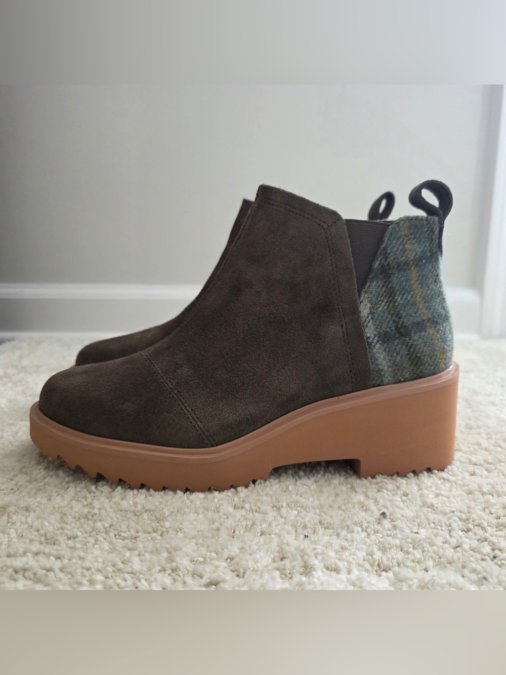 Toms Olive Brown Suede Chelsea Booties with Plaid Heel